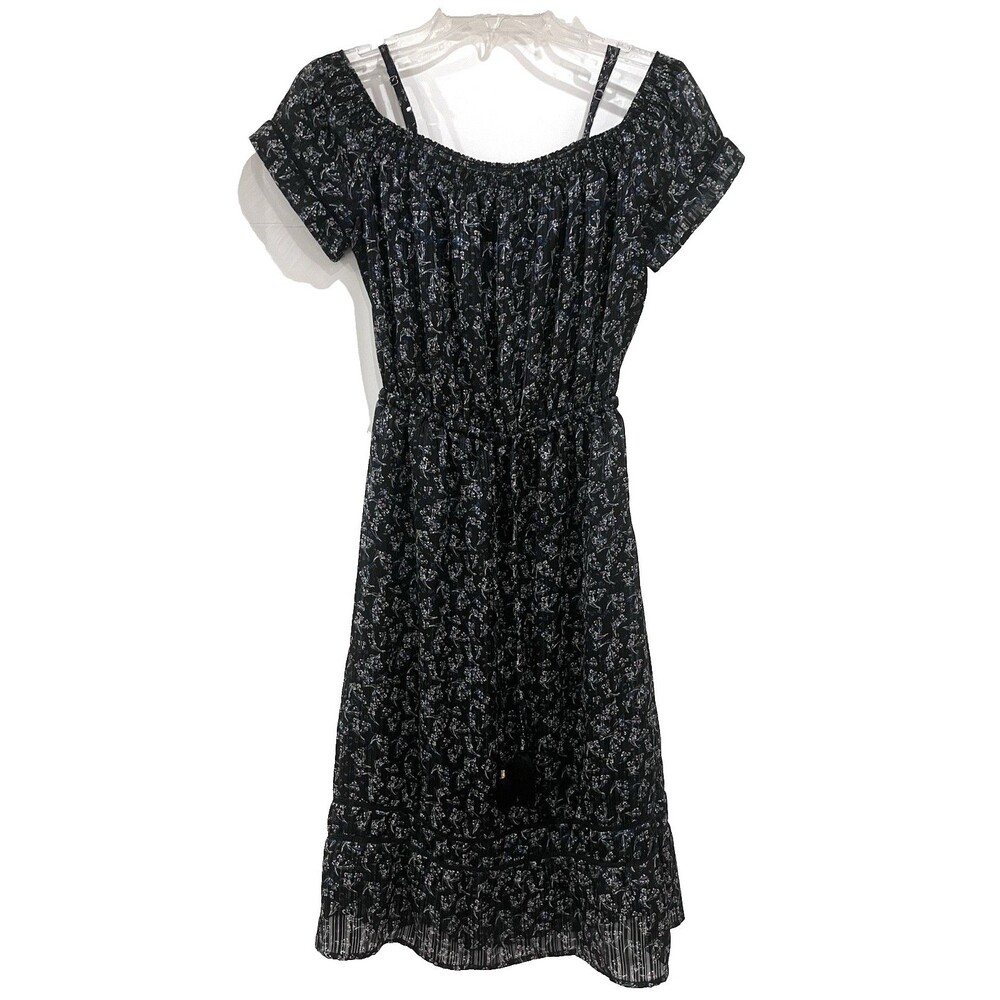 Lucky Brand Smocked Neck Off The Shoulder Black Floral Dress Size XS Lined Boho